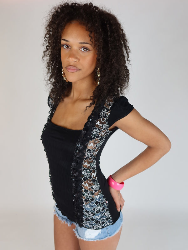 Vintage Y2K black lace panel cap sleeve top, resale clothing at Brat's Closet.