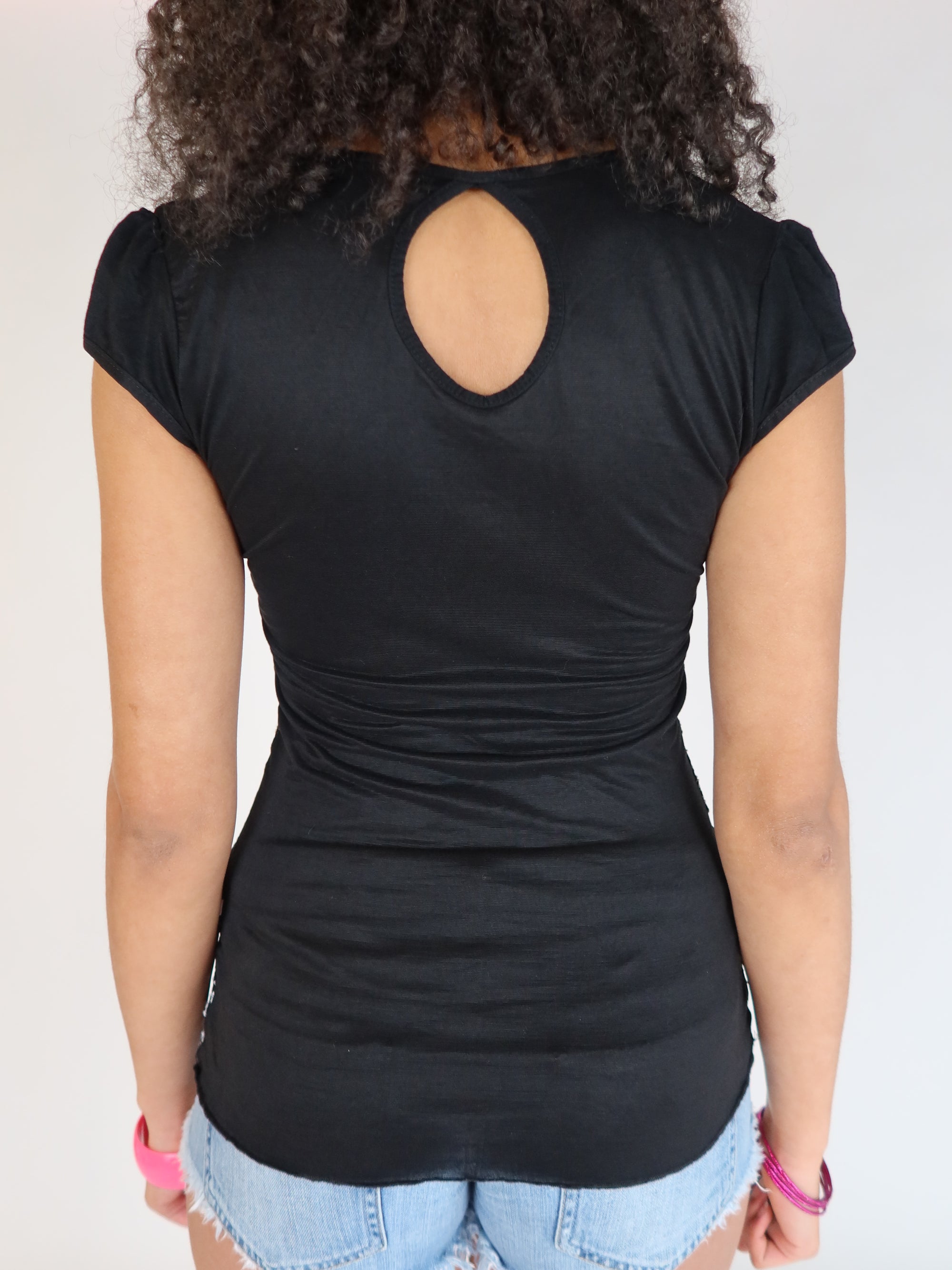 Vintage Y2K Black Lace Panel Cap Sleeve Top