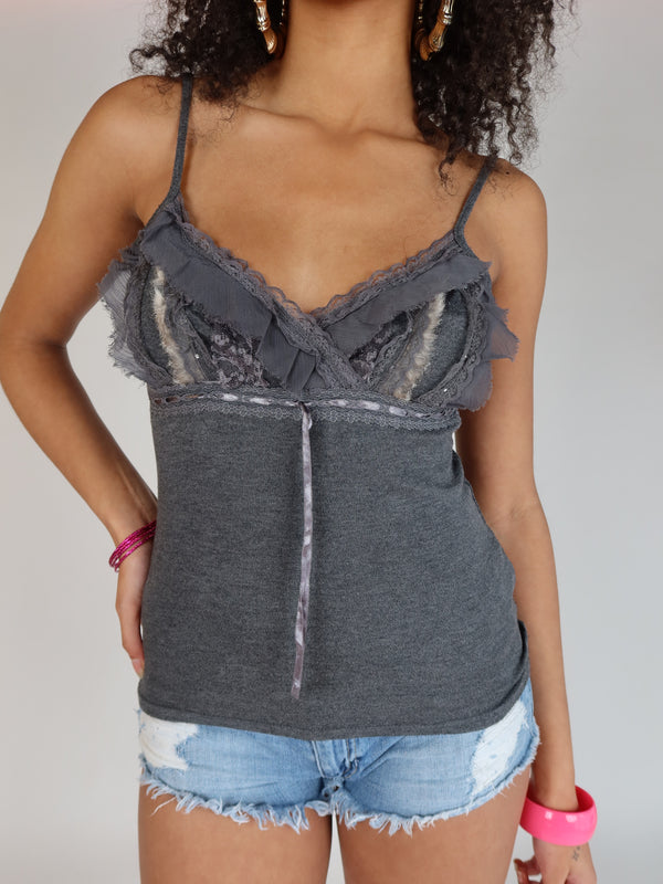 Vintage Y2K charcoal lace ruffle cami top, resale clothing at Brat's Closet.