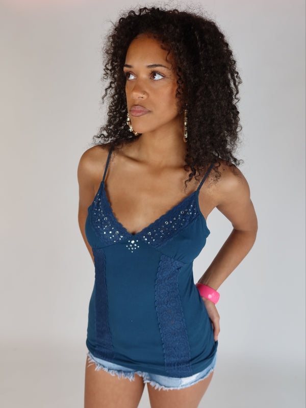 Vintage Y2K blue rhinestone cami top, resale clothing at Brat's Closet.