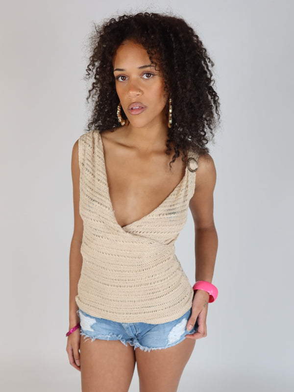 Vintage Y2K beige crochet knit surplice tank top, Y2K resale clothing at Brat's Closet.