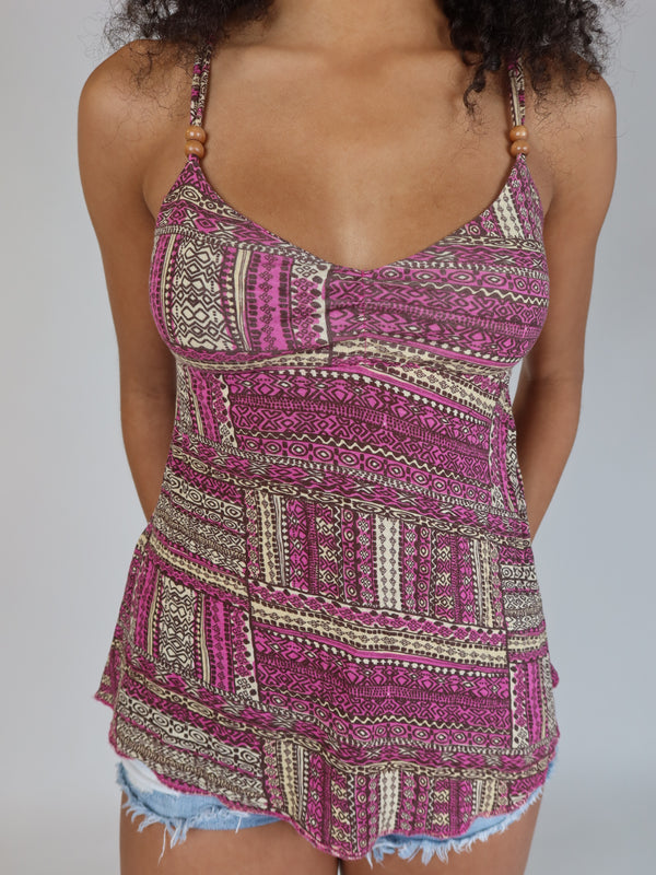 Vintage Y2K pink beaded babydoll cami top, Y2K resale clothing at Brat's Closet.