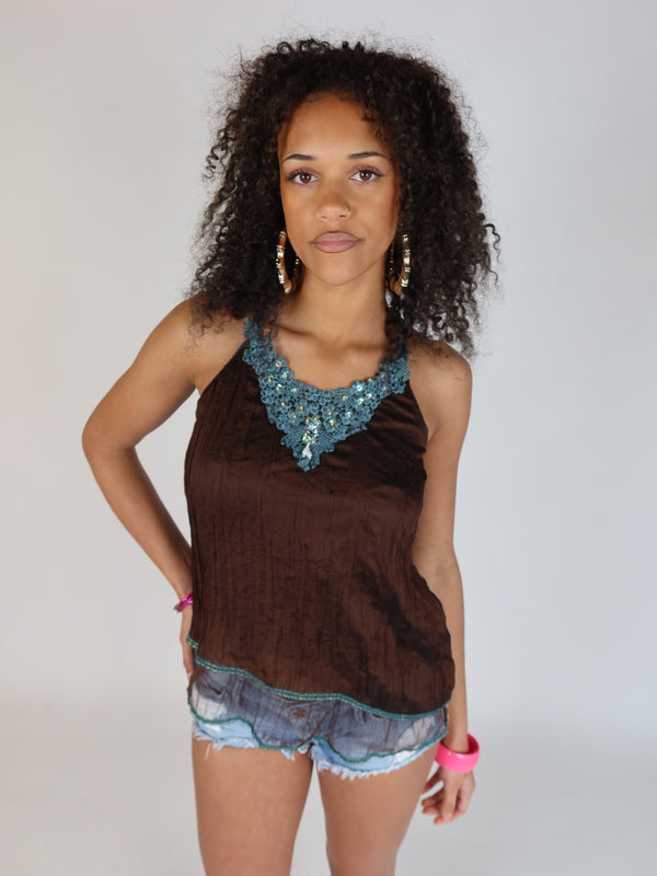 Vintage Y2K brown sheer beaded cami top, Y2K resale clothing at Brat's Closet.