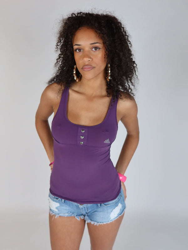 Vintage Adidas Y2K purple racerback tank top, Y2K resale clothing at Brat's Closet.