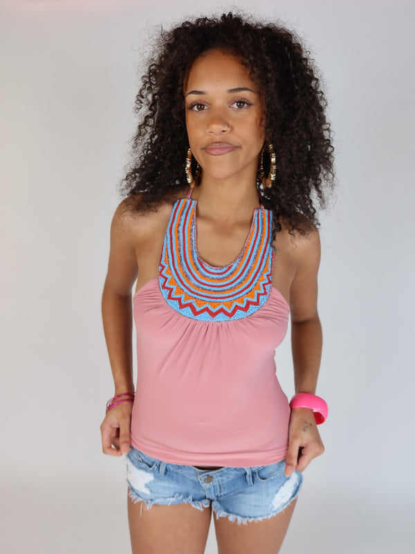 Vintage Y2K pink beaded halter tank top, Y2K resale clothing at Brat's Closet.