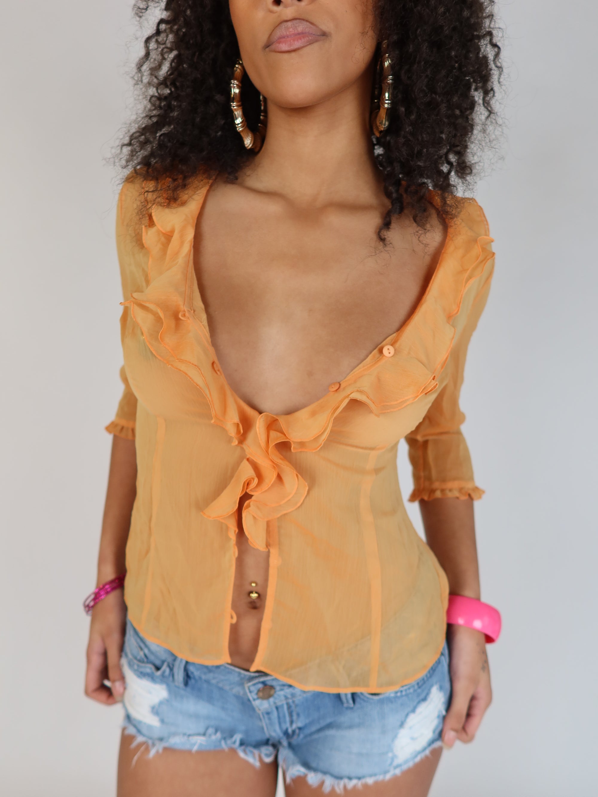 Y2K Peach Sheer Ruffle Top S/M