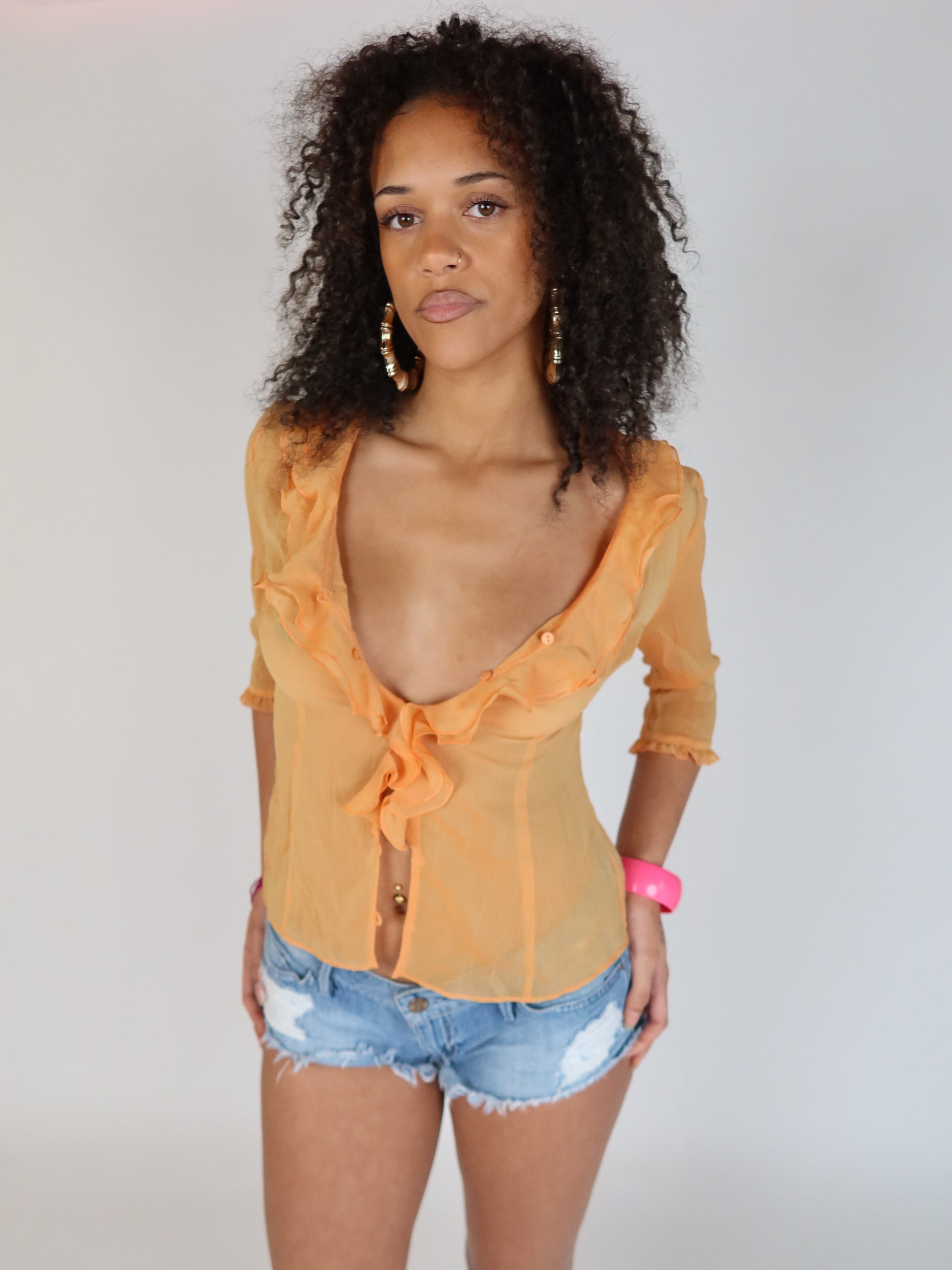 Y2K Peach Sheer Ruffle Top S/M