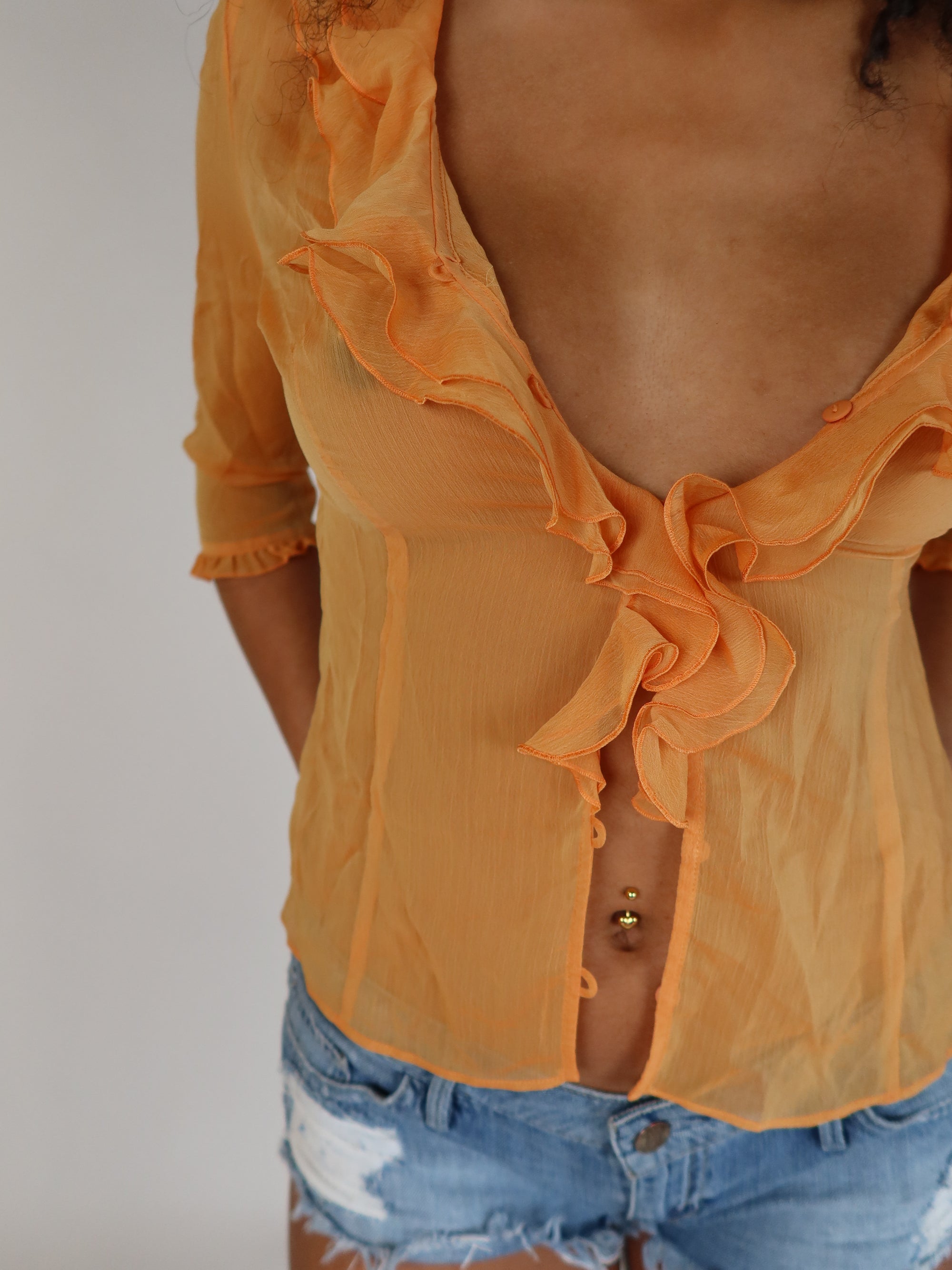 Y2K Peach Sheer Ruffle Top S/M