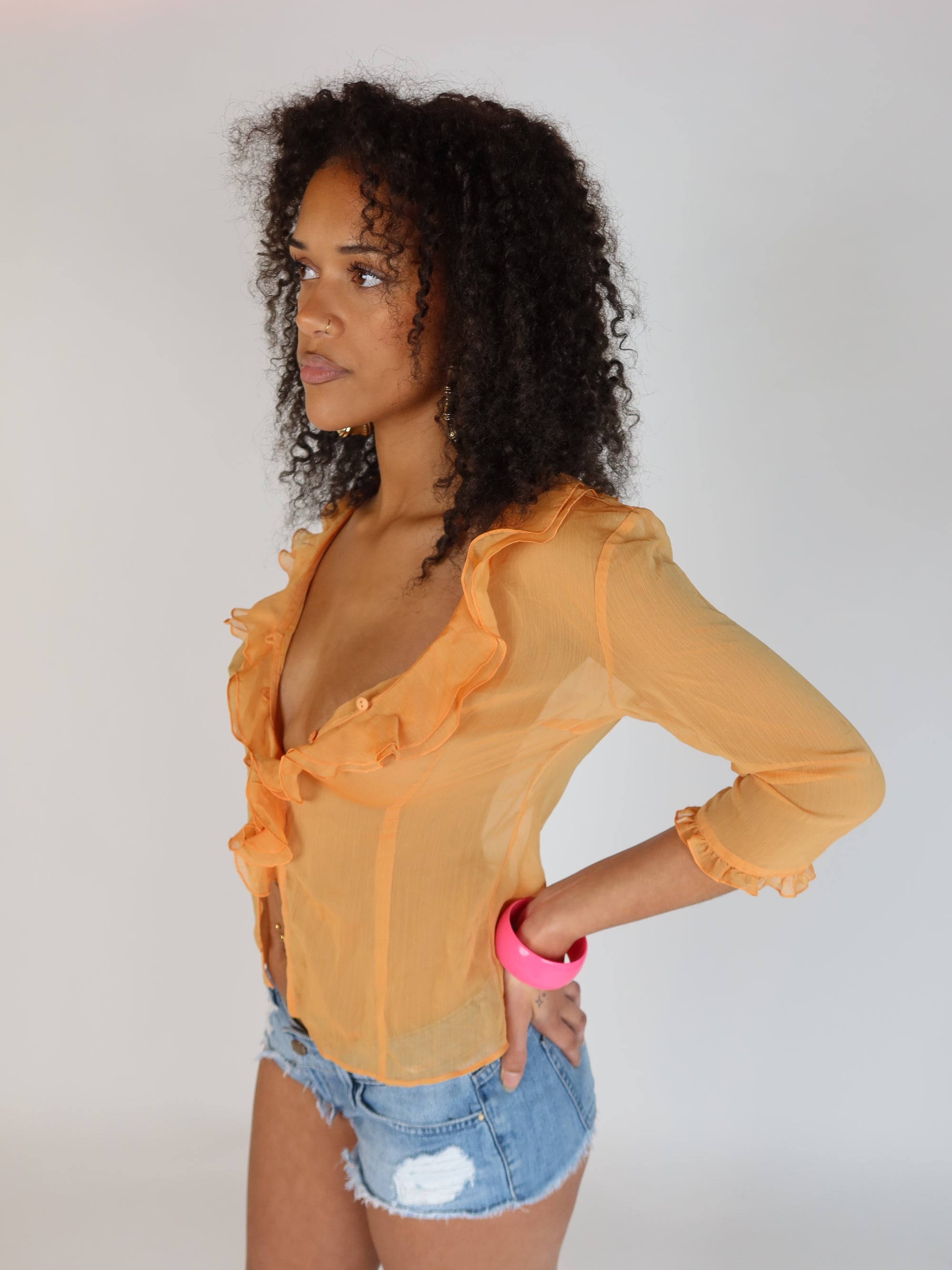 Y2K Peach Sheer Ruffle Top S/M