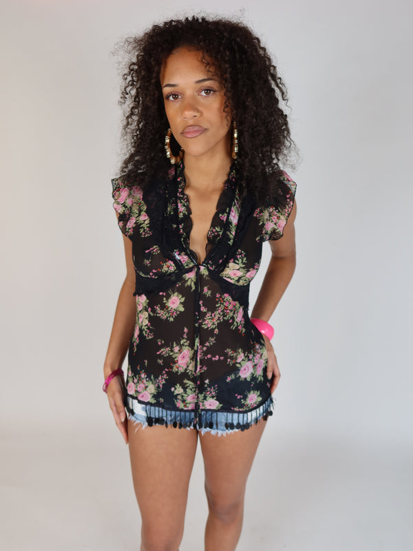 Vintage Y2K black floral sheer lace trim top, Y2K resale clothing at Brat's Closet.