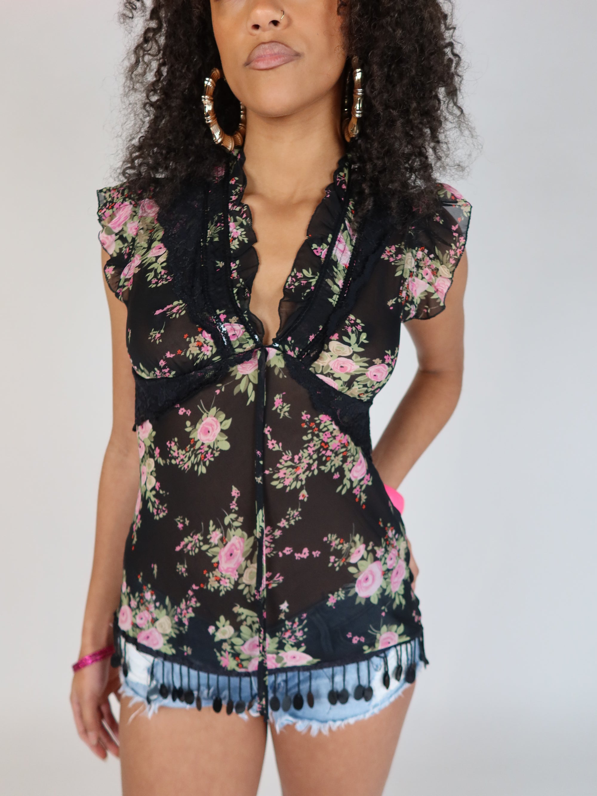 Y2K Floral Sheer Top XS/S