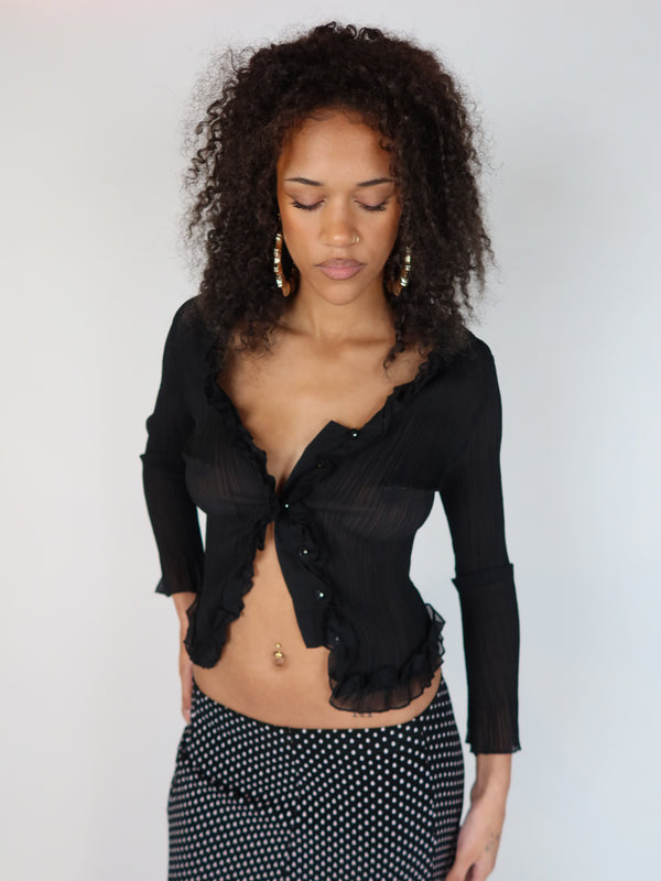 Vintage black sheer ruffle blouse, Y2K resale clothing at Brat's Closet.