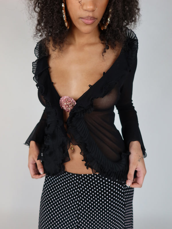 Vintage sheer ruffle rosette blouse, Y2K resale clothing at Brat's Closet.