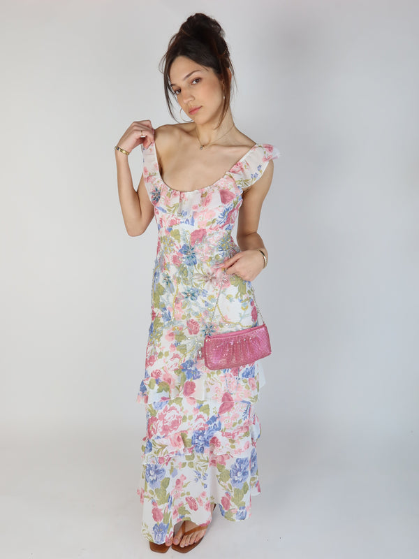 Vintage Y2K floral beaded maxi dress, Y2K resale clothing at Brat's Closet.