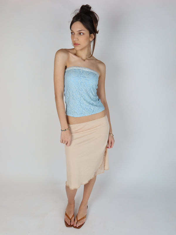 Vintage Y2K blue lace tube top, Y2K resale clothing at Brat's Closet.