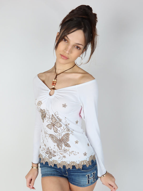 Vintage Y2K butterfly print long sleeve top, resale clothing at Brat's Closet.