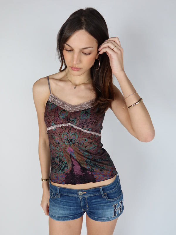 Vintage Y2K peacock print tank, resale clothing at Brat's Closet.
