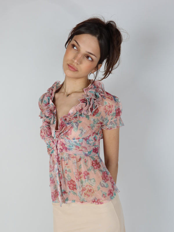 Vintage Y2K ruffle blouse, resale clothing at Brat's Closet.