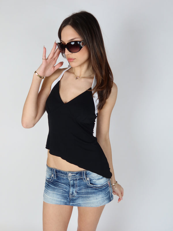 Vintage Y2K asymmetrical halter top, resale clothing at Brat's Closet.