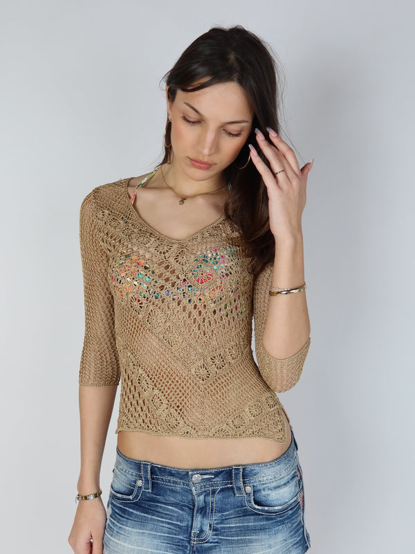 Vintage Y2K metallic crochet knit top, resale clothing at Brat's Closet.