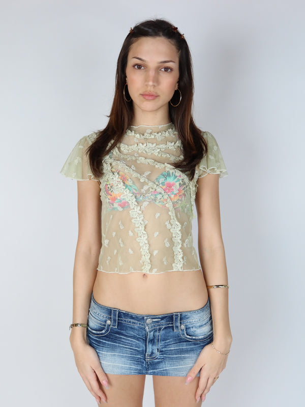 Vintage sage green mesh top, Y2K resale clothing at Brat's Closet.