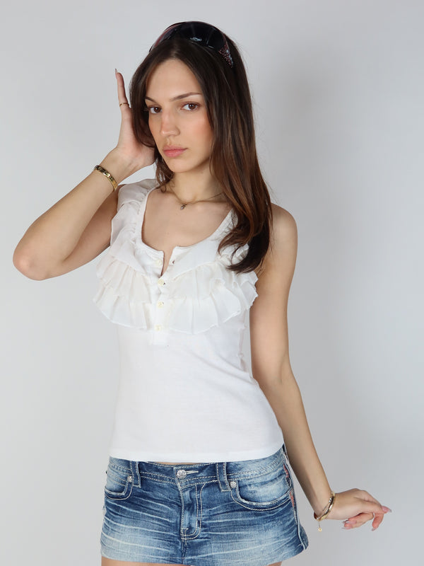 Vintage ruffle tank top, Y2K resale clothing at Brat's Closet.