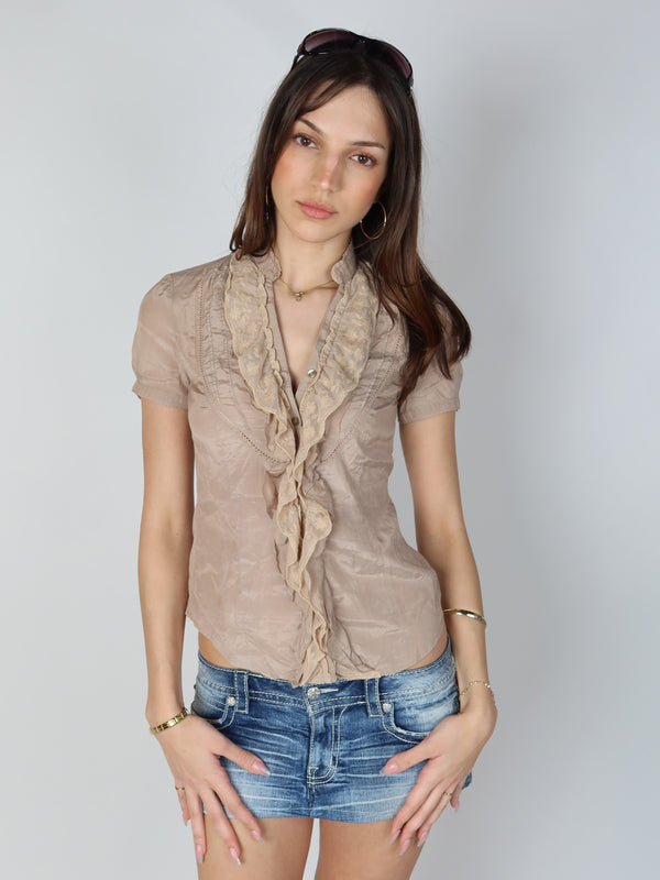 Vintage Y2K ruffle lace blouse, resale clothing at Brat's Closet.