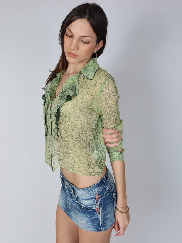 Vintage Y2K snakeskin ruffle blouse, resale clothing at Brat's Closet.