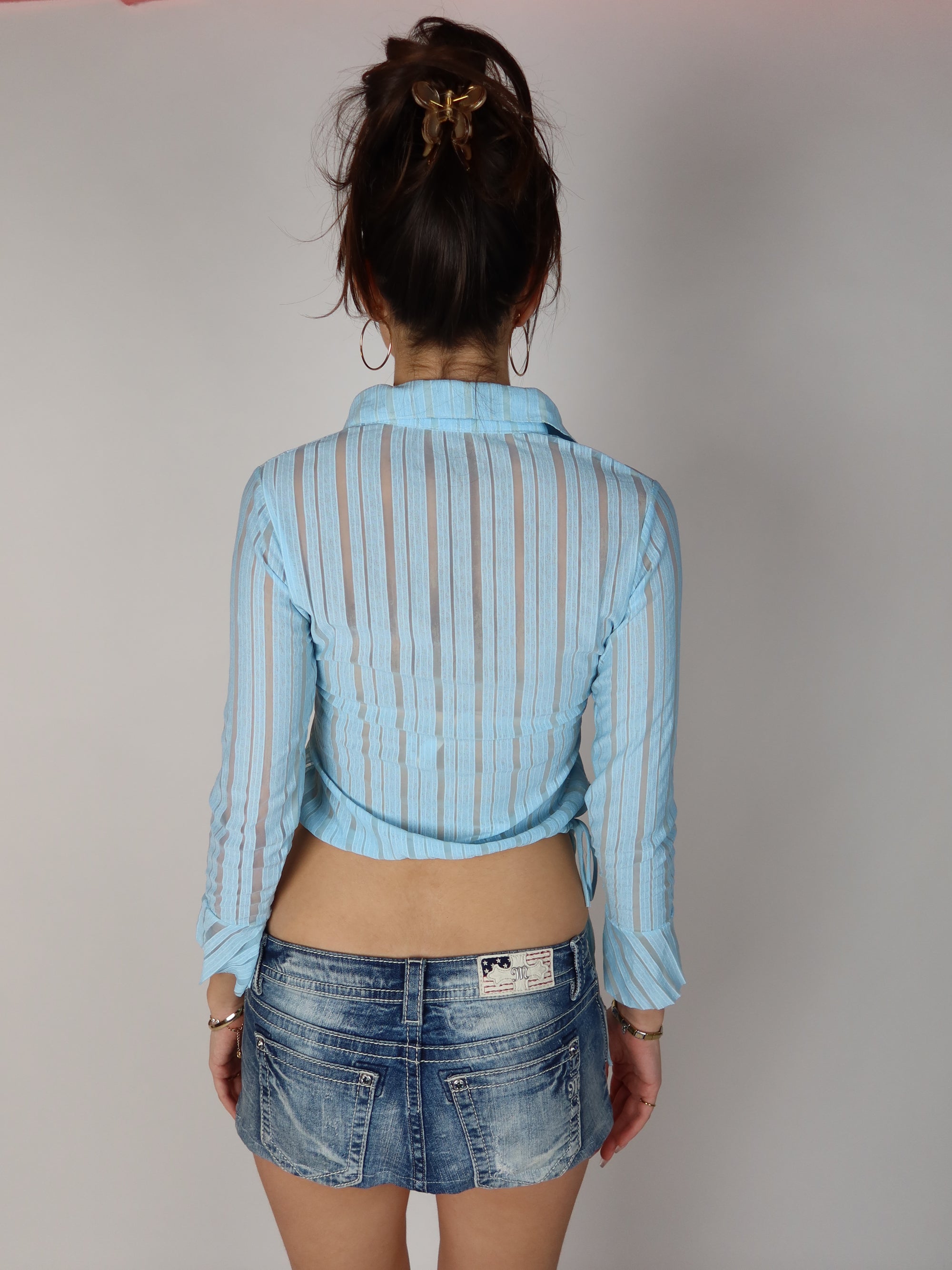Y2K Blue Sheer Striped Blouse XS/S