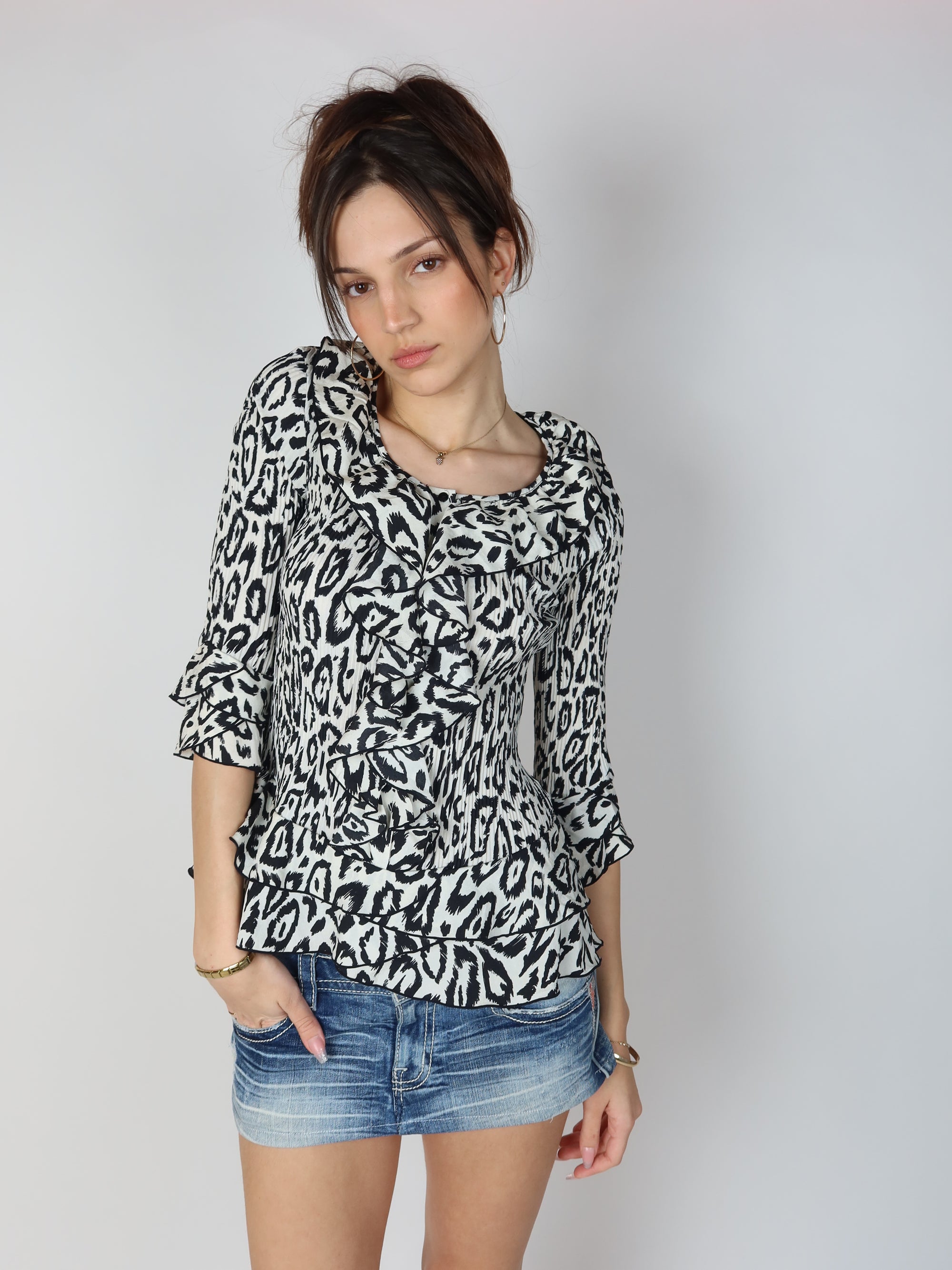 Y2K Leopard Print Ruffle Blouse S/M