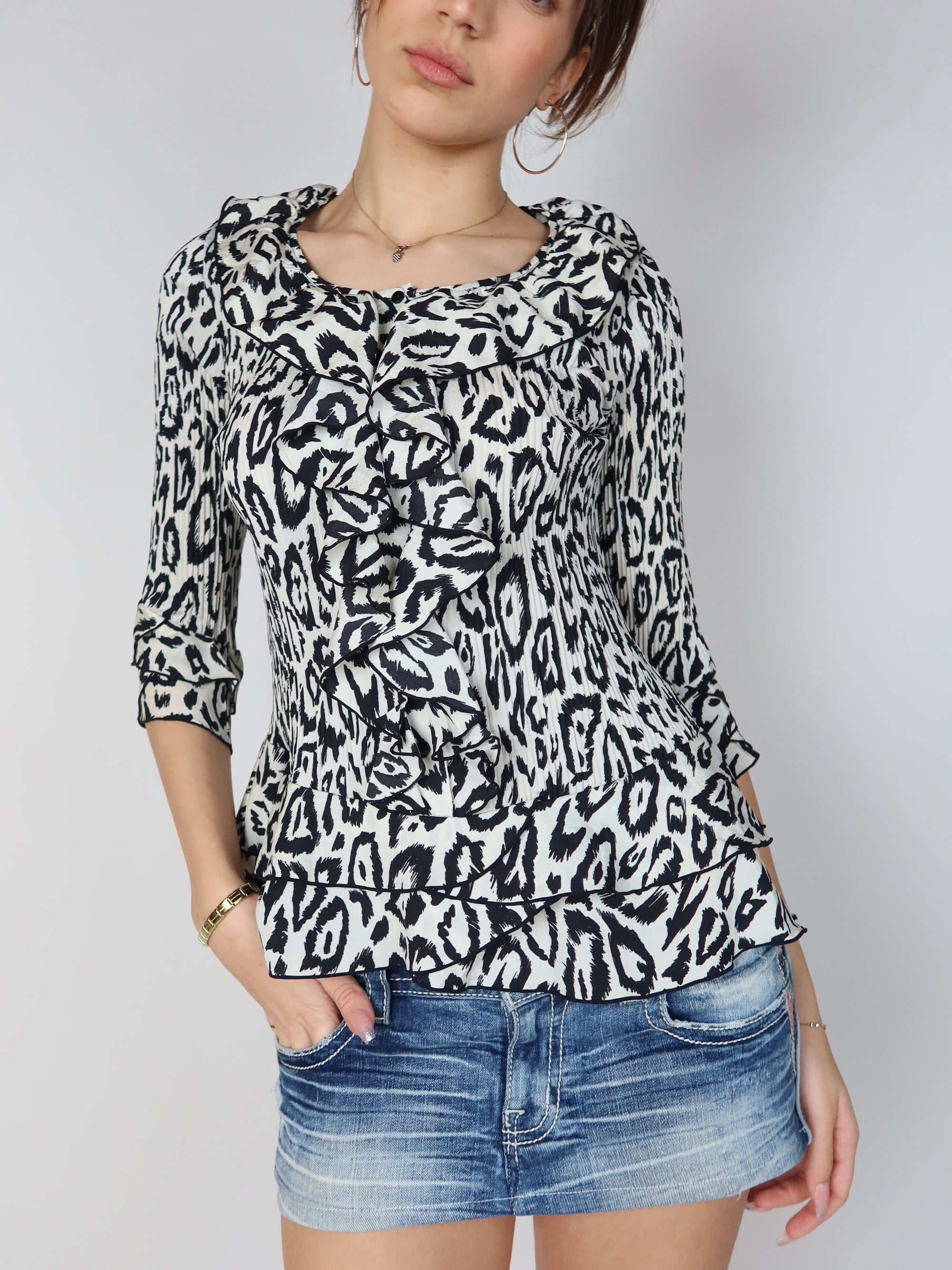 Y2K Leopard Print Ruffle Blouse S/M