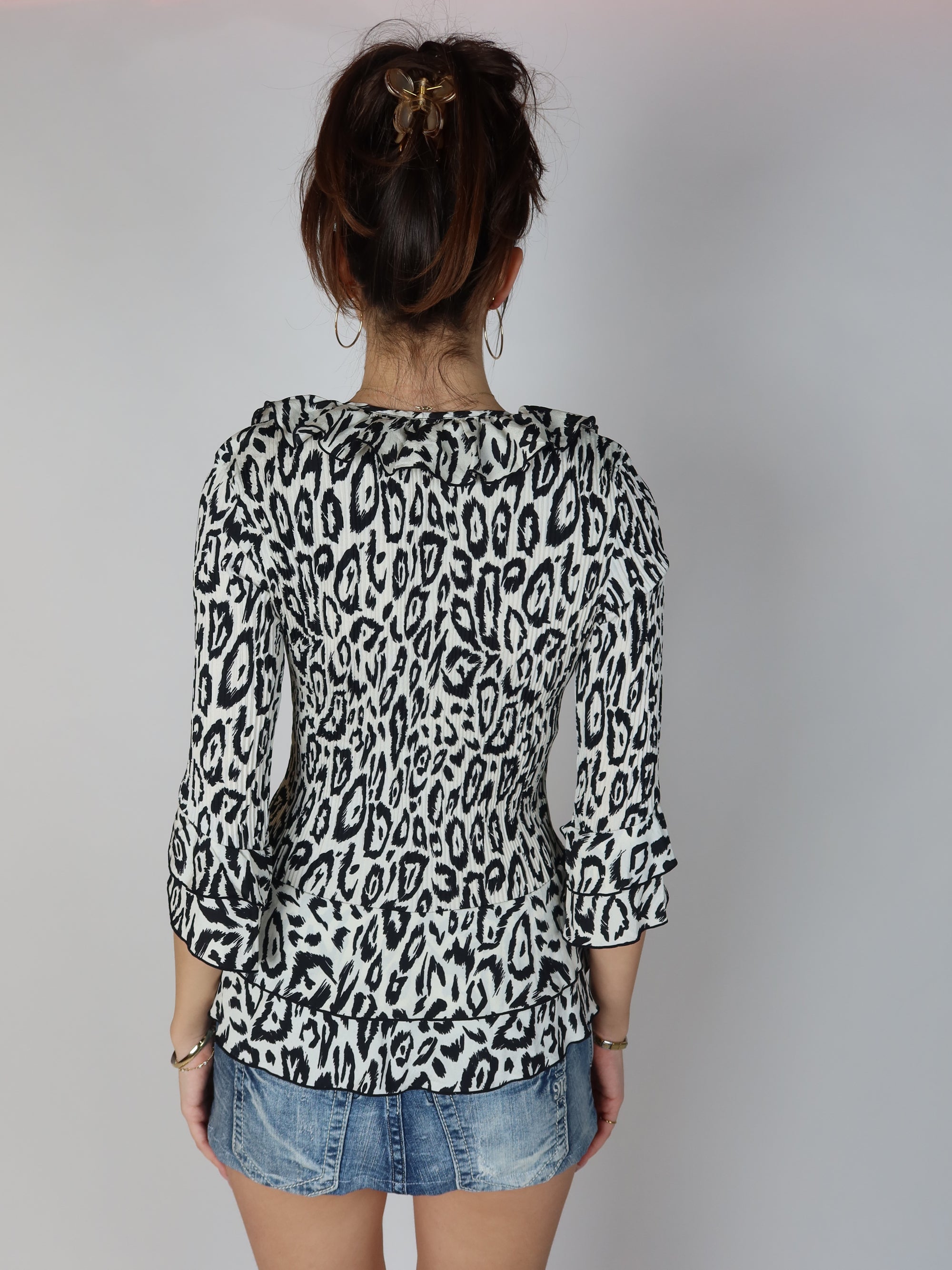 Y2K Leopard Print Ruffle Blouse S/M