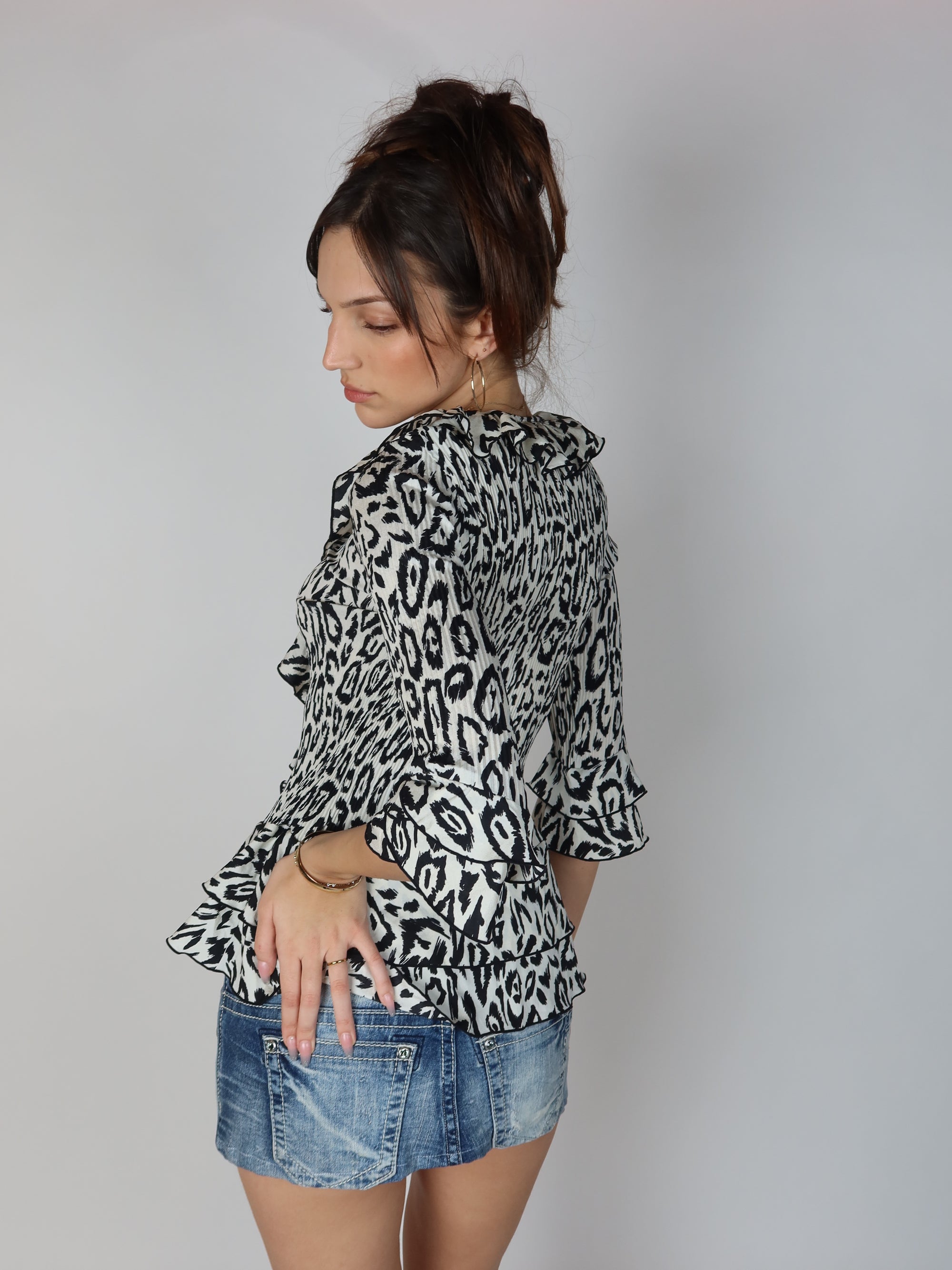 Y2K Leopard Print Ruffle Blouse S/M