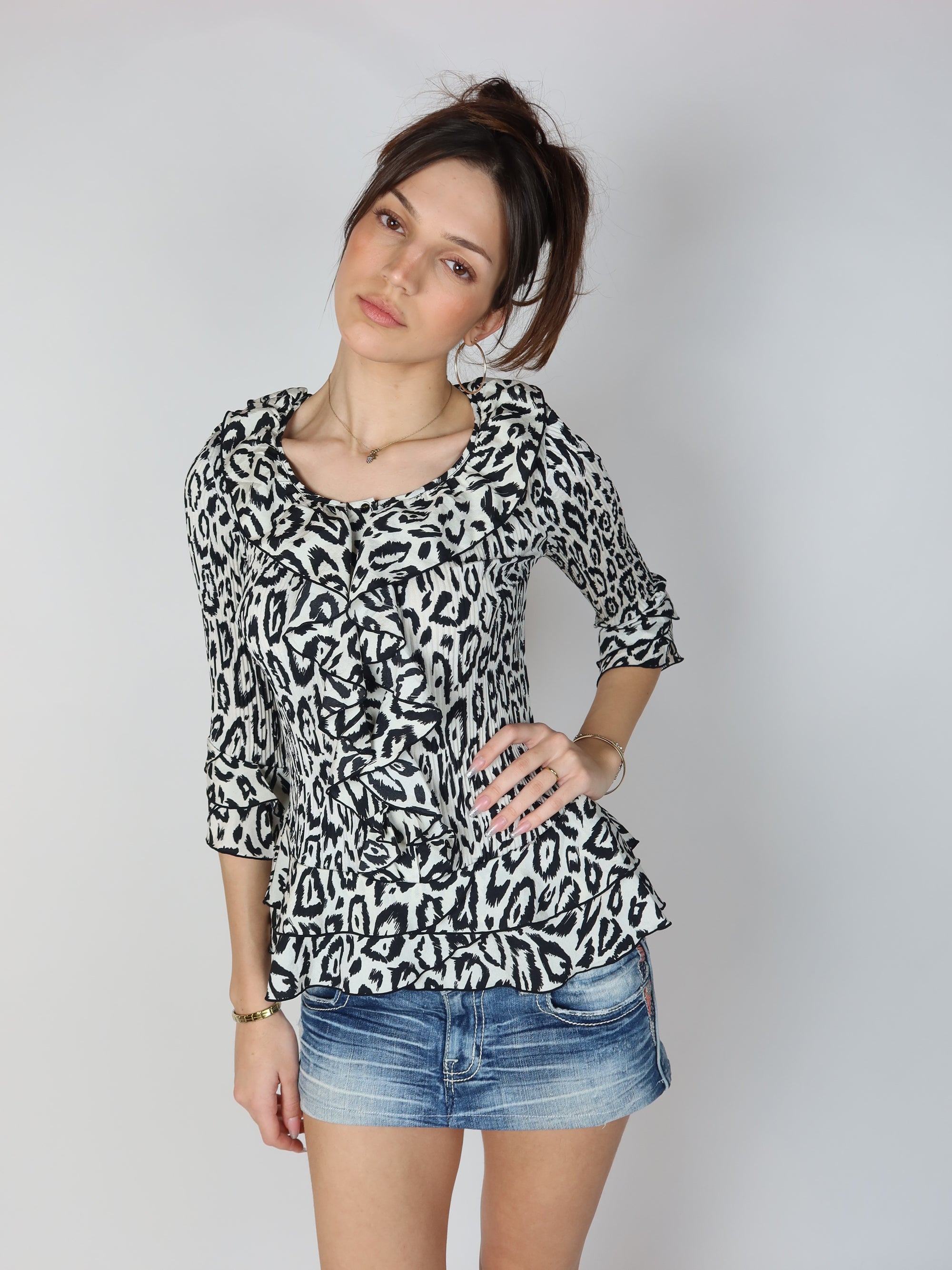 Y2K Leopard Print Ruffle Blouse S/M