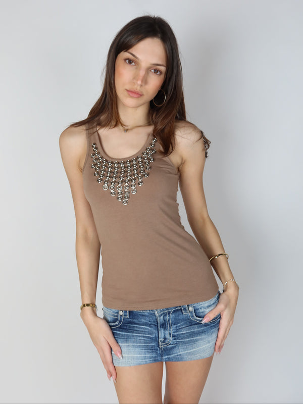Vintage Y2K brown studded tank top, resale clothing at Brat's Closet.