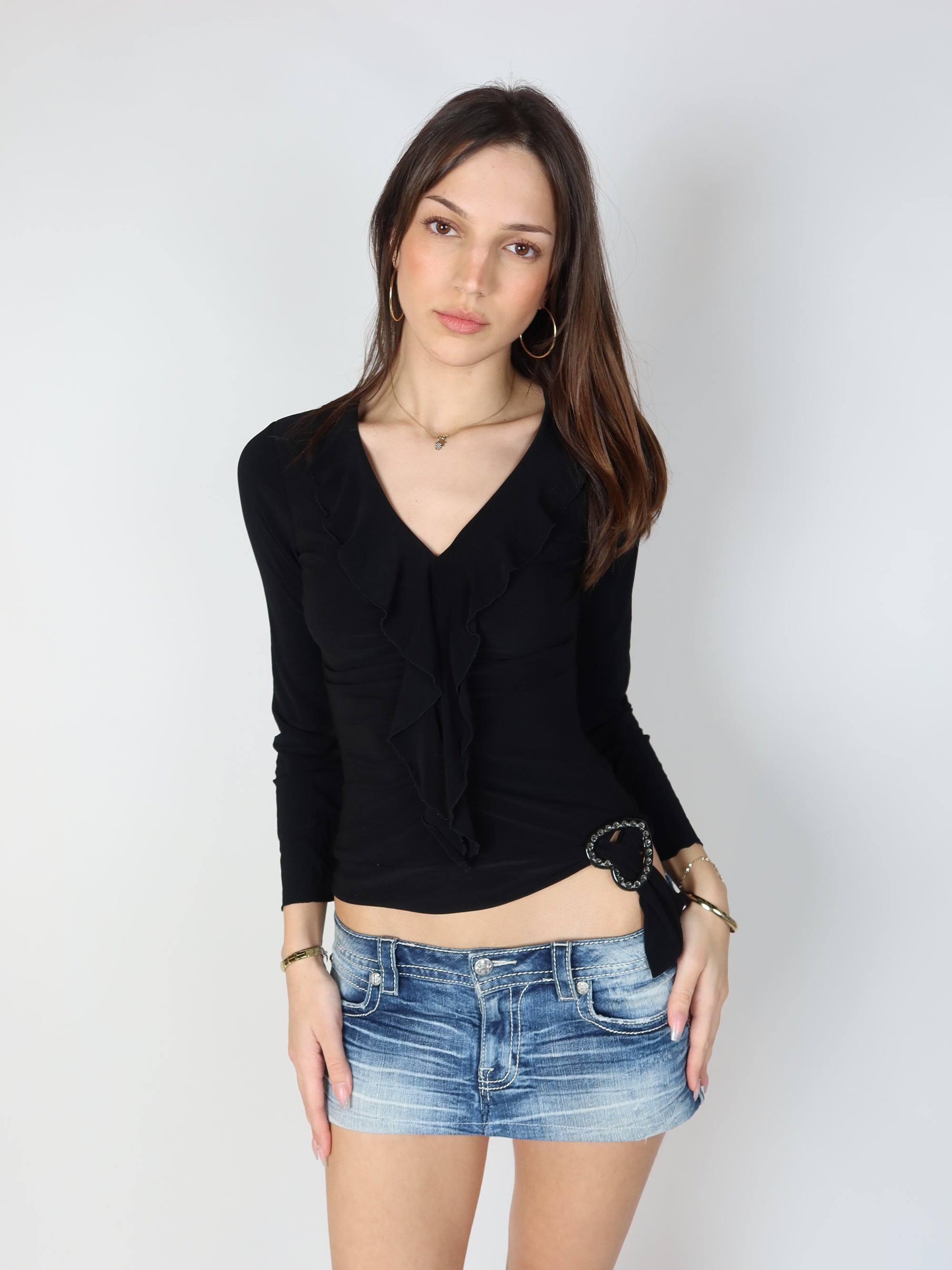 Black Ruffle Long Sleeve Top S/M