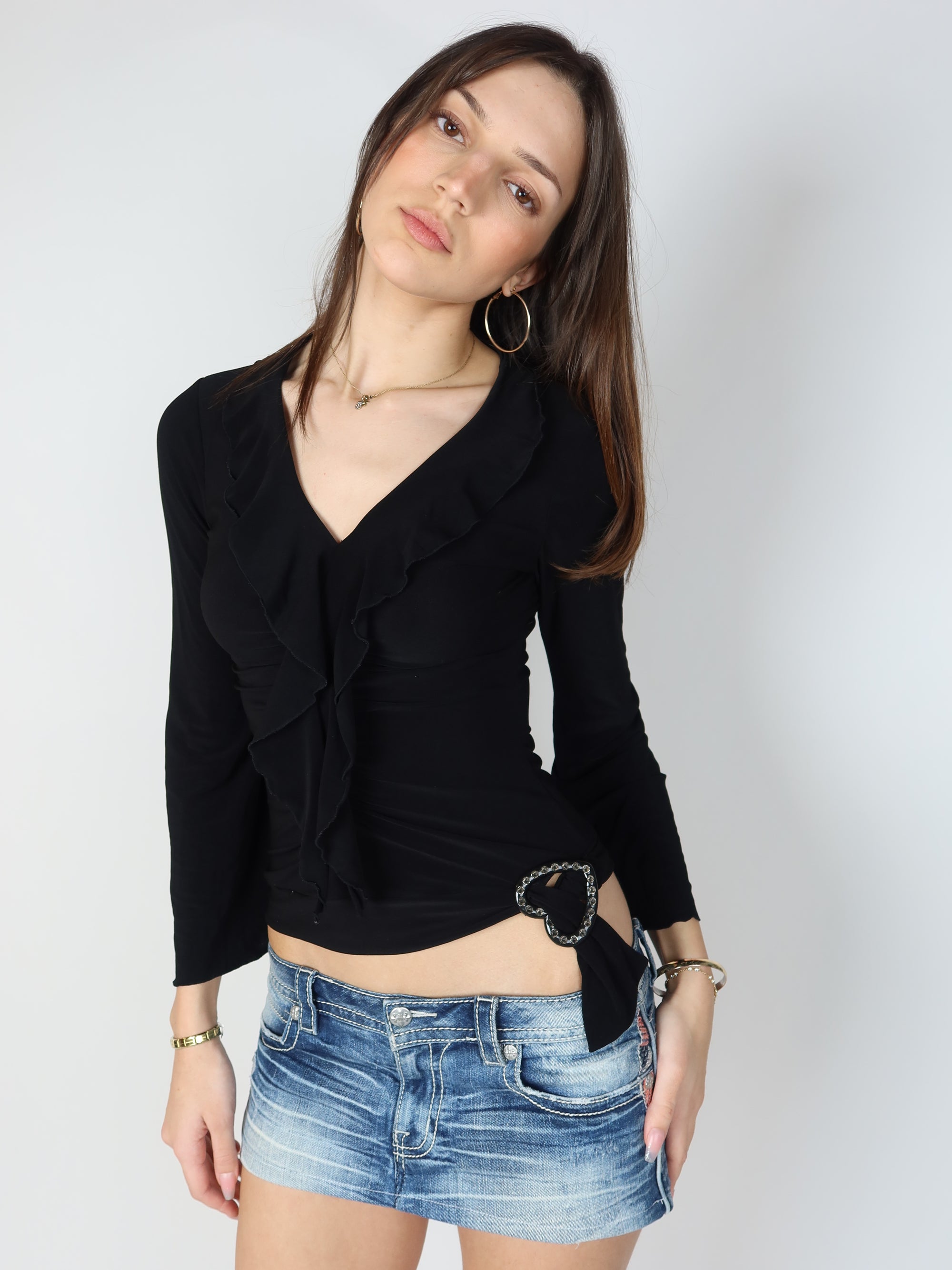 Black Ruffle Long Sleeve Top S/M