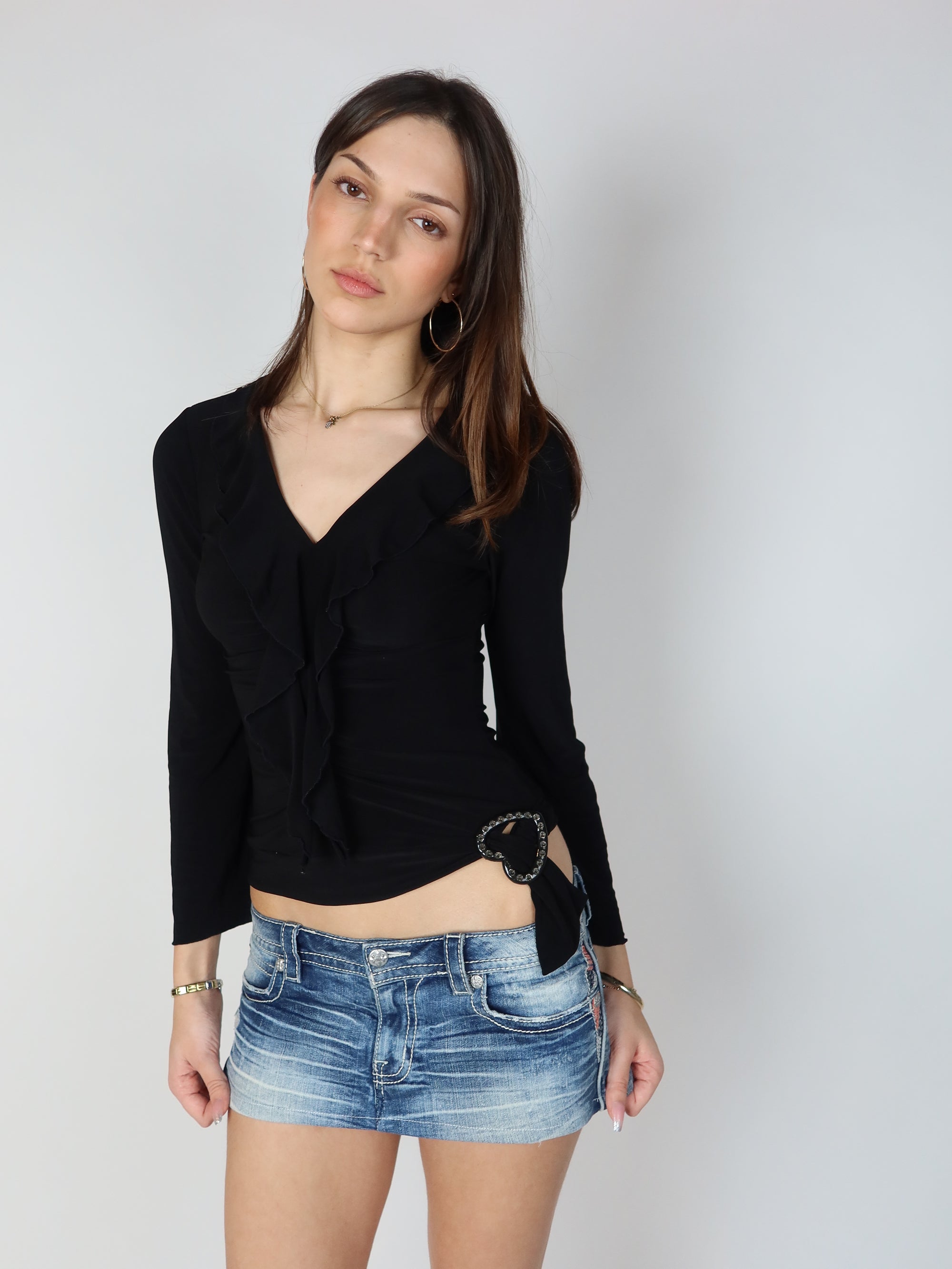Black Ruffle Long Sleeve Top S/M