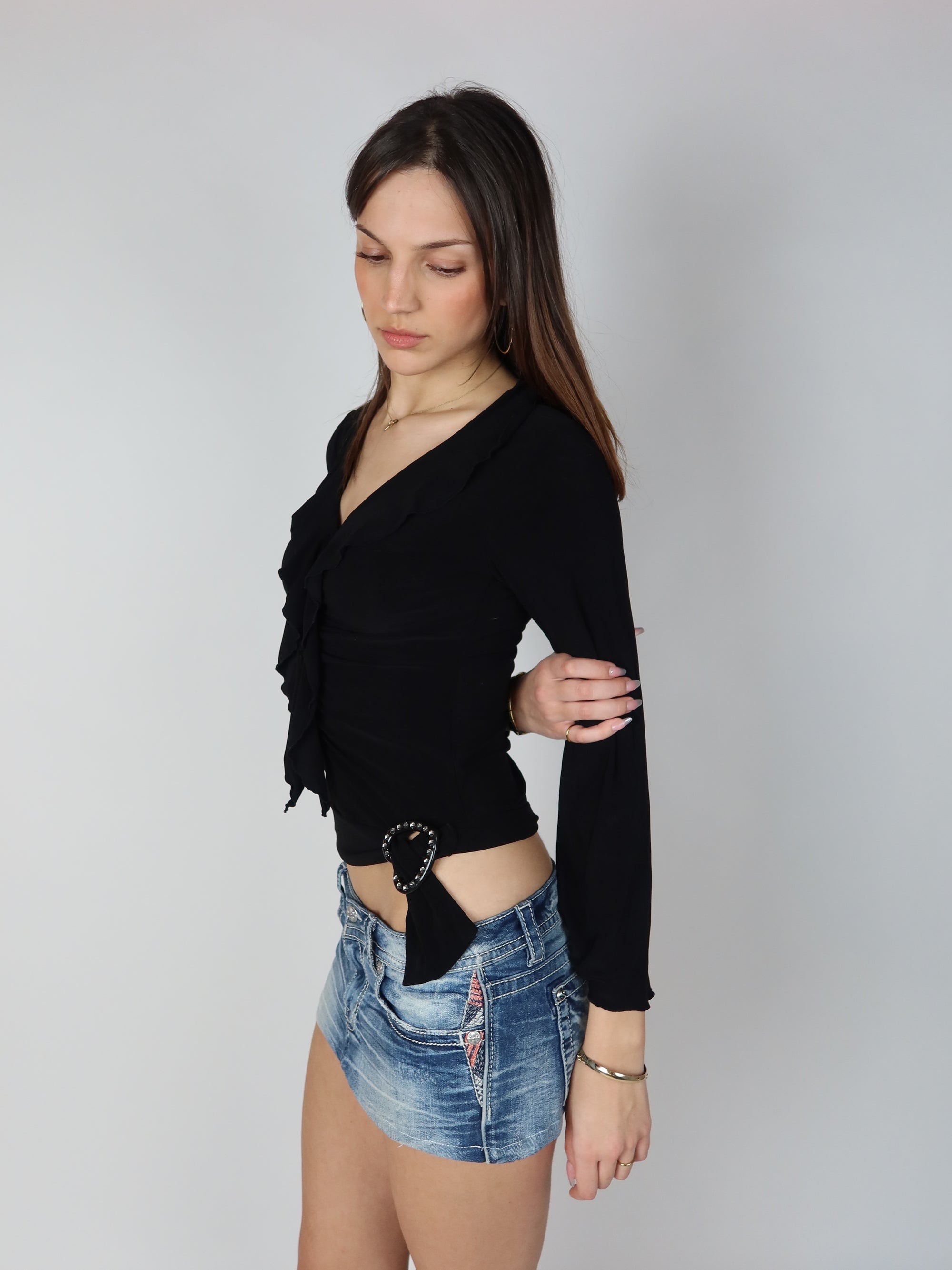 Black Ruffle Long Sleeve Top S/M