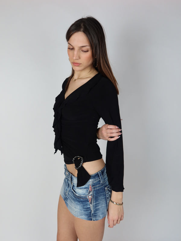 Vintage Y2K black ruffle long sleeve top, resale clothing at Brat's Closet.