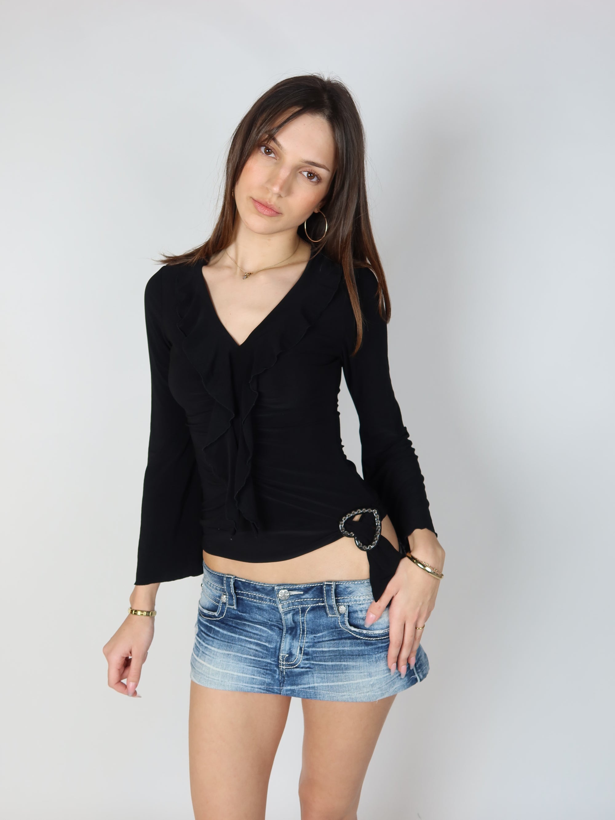 Black Ruffle Long Sleeve Top S/M