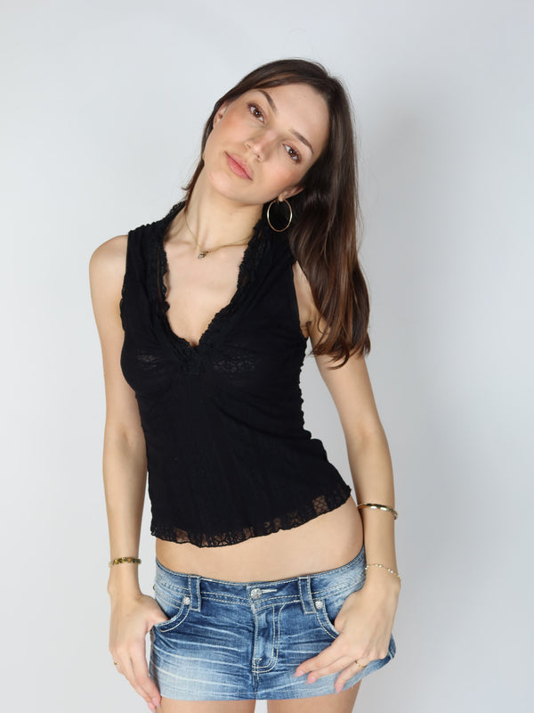 Vintage Y2K black lace halter top, Y2K resale clothing at Brat's Closet.