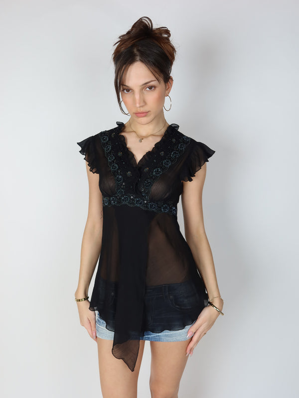 Vintage Y2K black sheer beaded blouse, Y2K resale clothing at Brat's Closet.