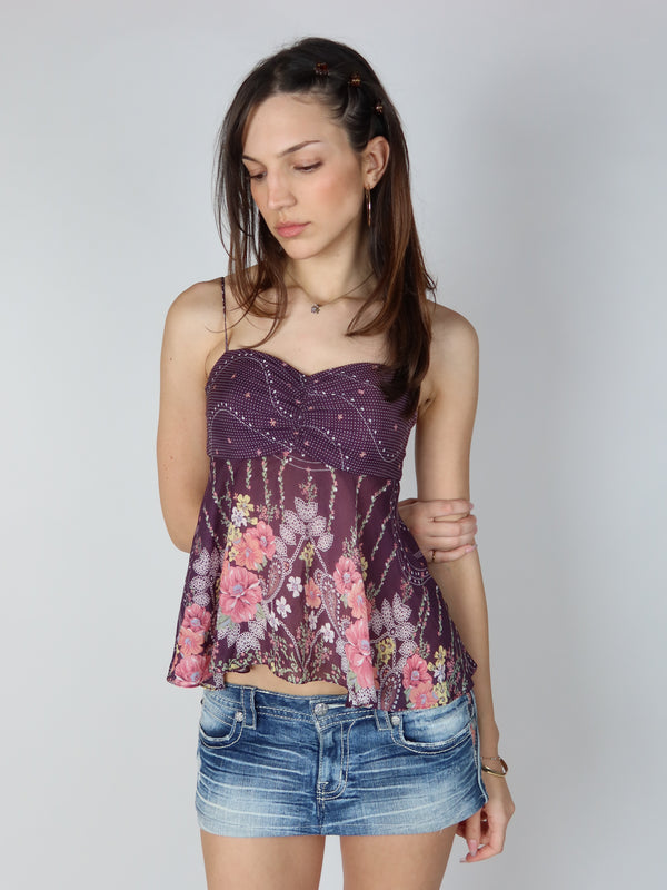 Vintage Y2K purple bustier tank top, Y2K resale clothing at Brat's Closet.