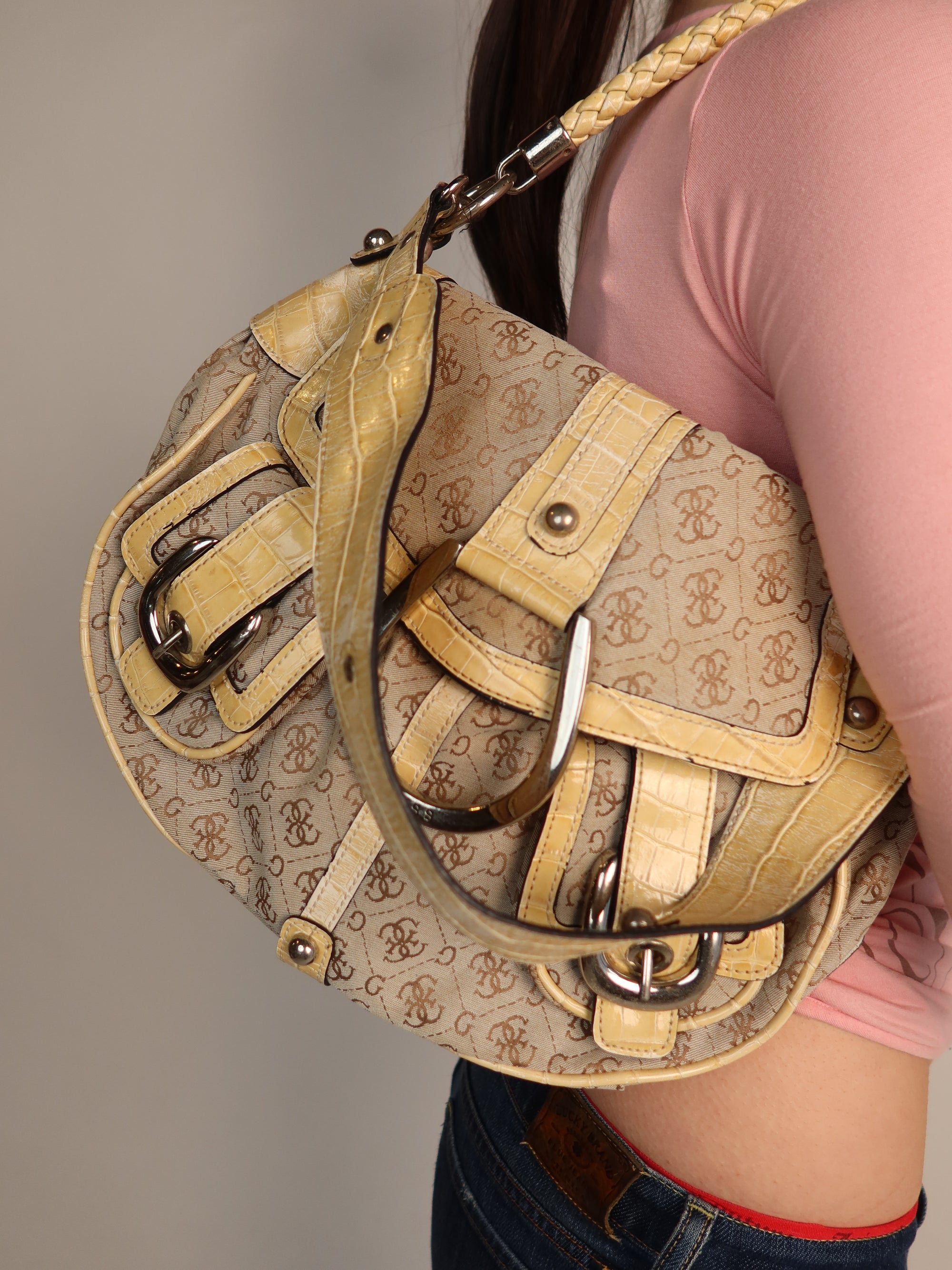 Y2K Guess Monogram Croc Trim Shoulder Bag