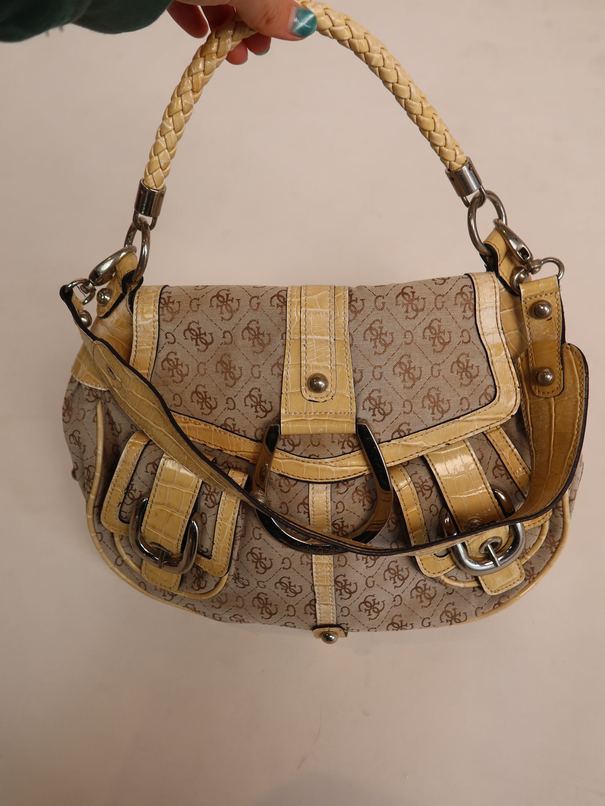 Y2K Guess Monogram Croc Trim Shoulder Bag