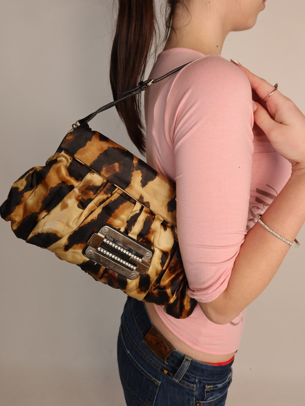 Vintage Guess leopard satin evening bag, Y2K resale accessory at Brat's Closet.
