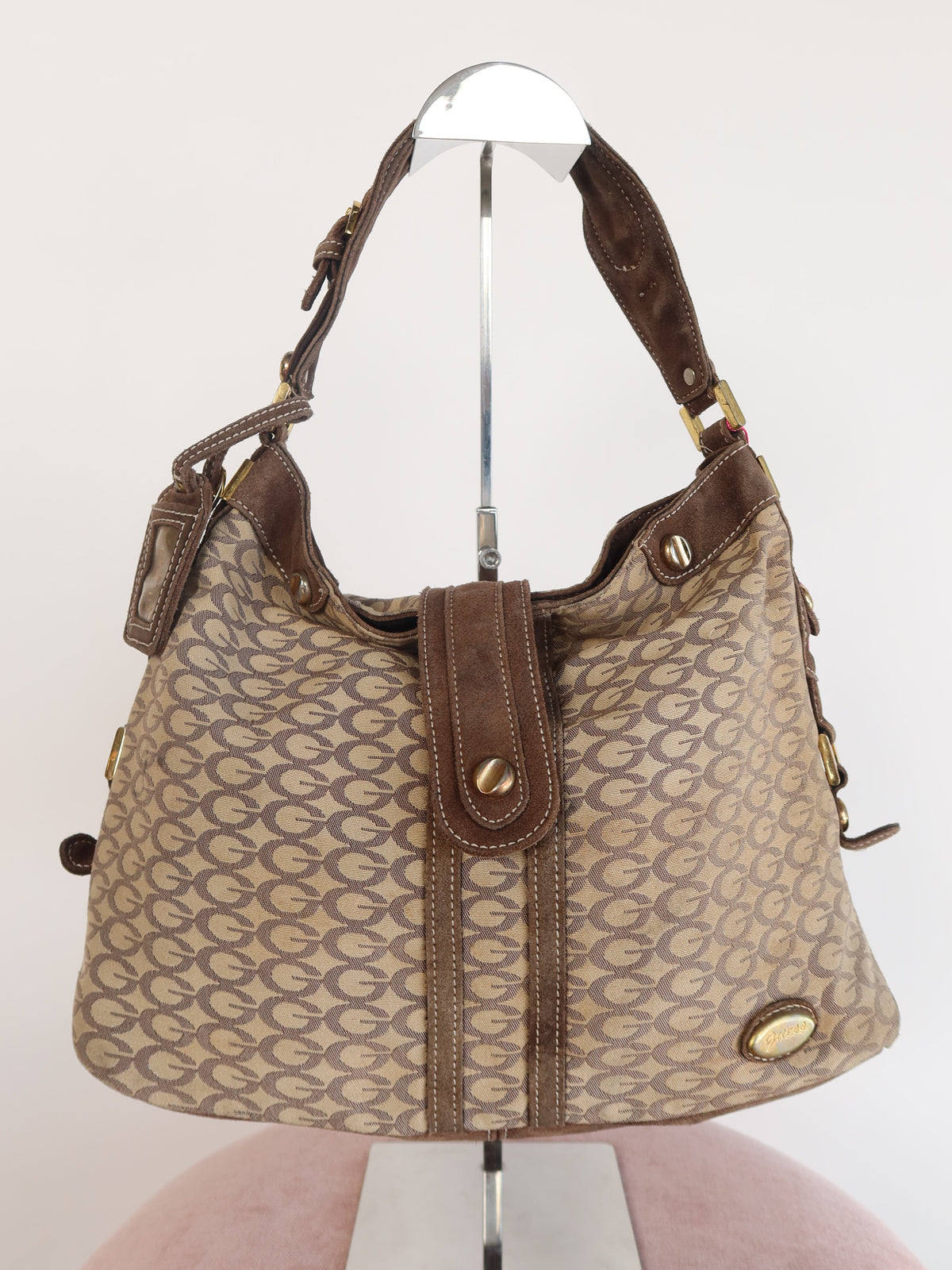 Guess Brown Suede Trim Monogram Hobo Bag