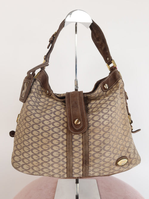 Guess Brown Suede Trim Monogram Hobo Bag