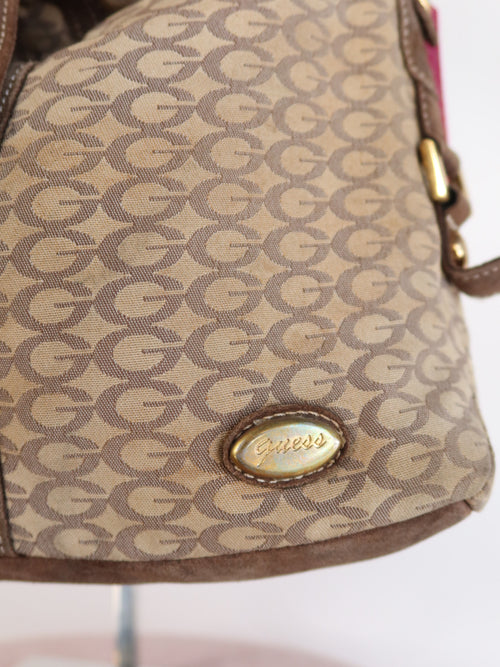 Guess Brown Suede Trim Monogram Hobo Bag